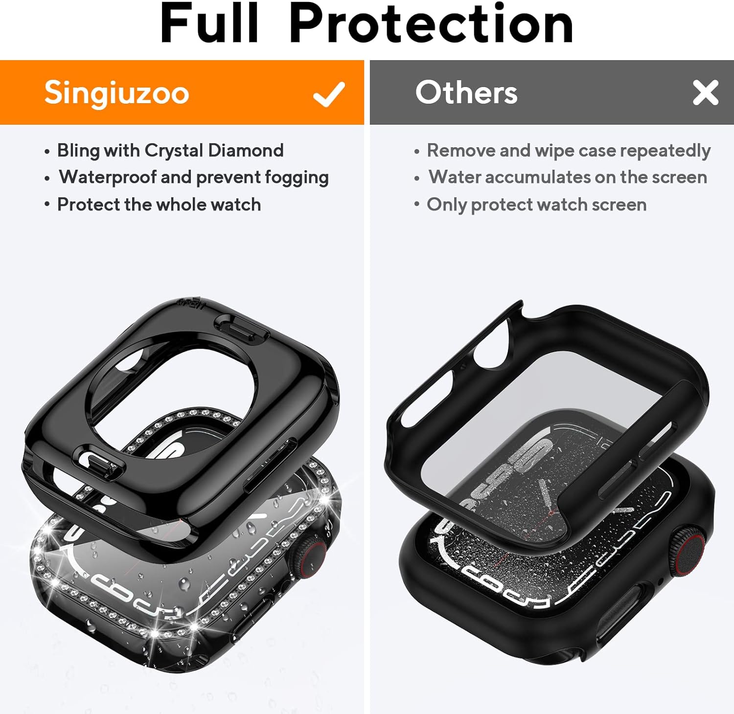 2 in 1 Bling Waterproof Case for Apple Watch Series 8 7 41mm, 360 Protective PC Cover Front & Back Bumper with Tempered Glass Screen Protector, Crystal Diamond iWatch Cases for Women, 41mm Silver - Image 2